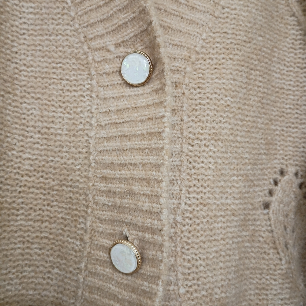 Molly Bracken V-Neck Pointelle Knit Boxy Cardigan Sweater Large Minimalist - Picture 10 of 13